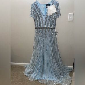 Mac Duggal Stripe Sequin V-Neck Gown